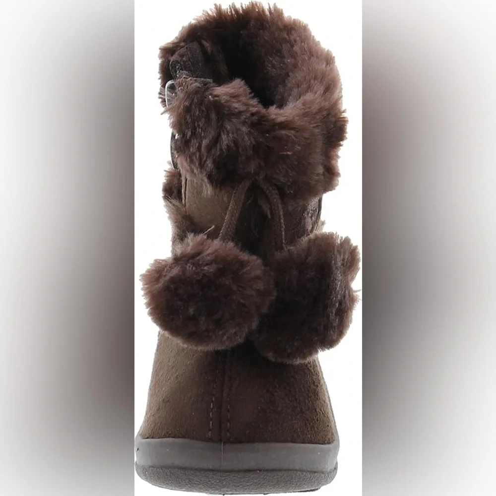 NWT Kali Zello Girls Brown Glitter Pom Pom Ankle Boots Toddler 6